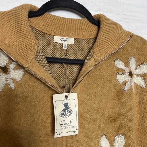 Easel Daisy Floral Zip Up Sweater Brown Tan Flower Knit Cardigan Size Small - Picture 3 of 7